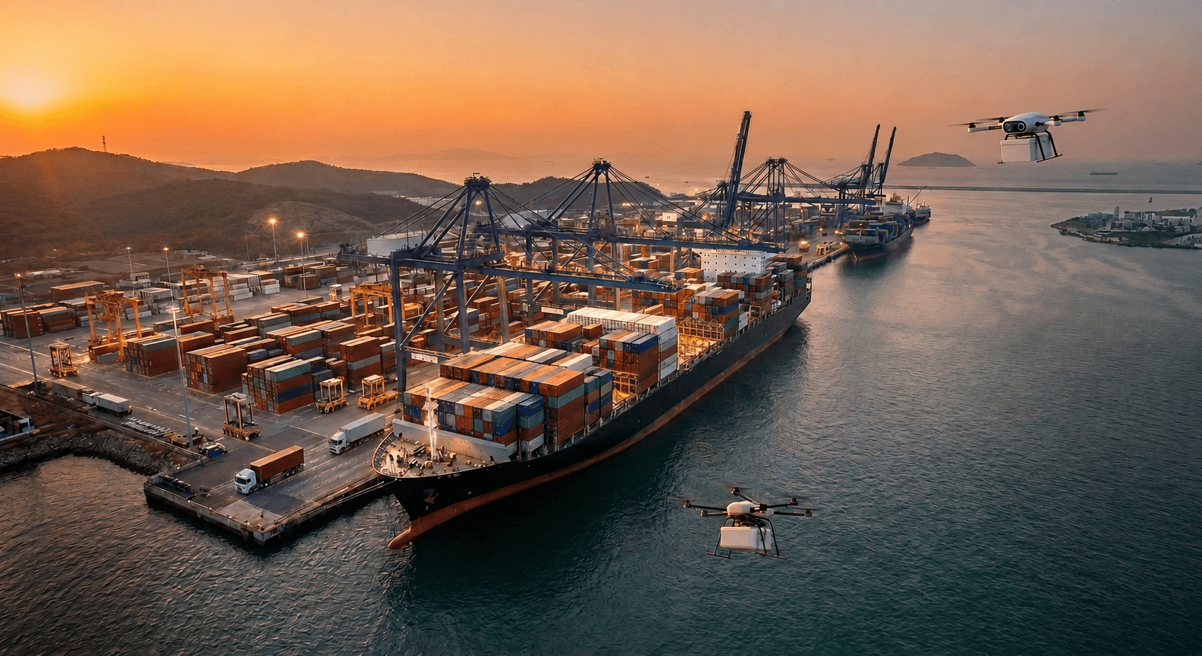 Container cargo ship at an international port — maritime shipping and freight operations