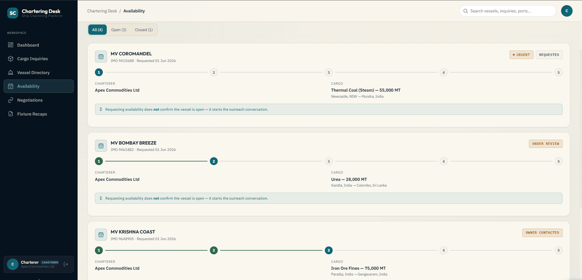 Ship Chartering availability screenshot