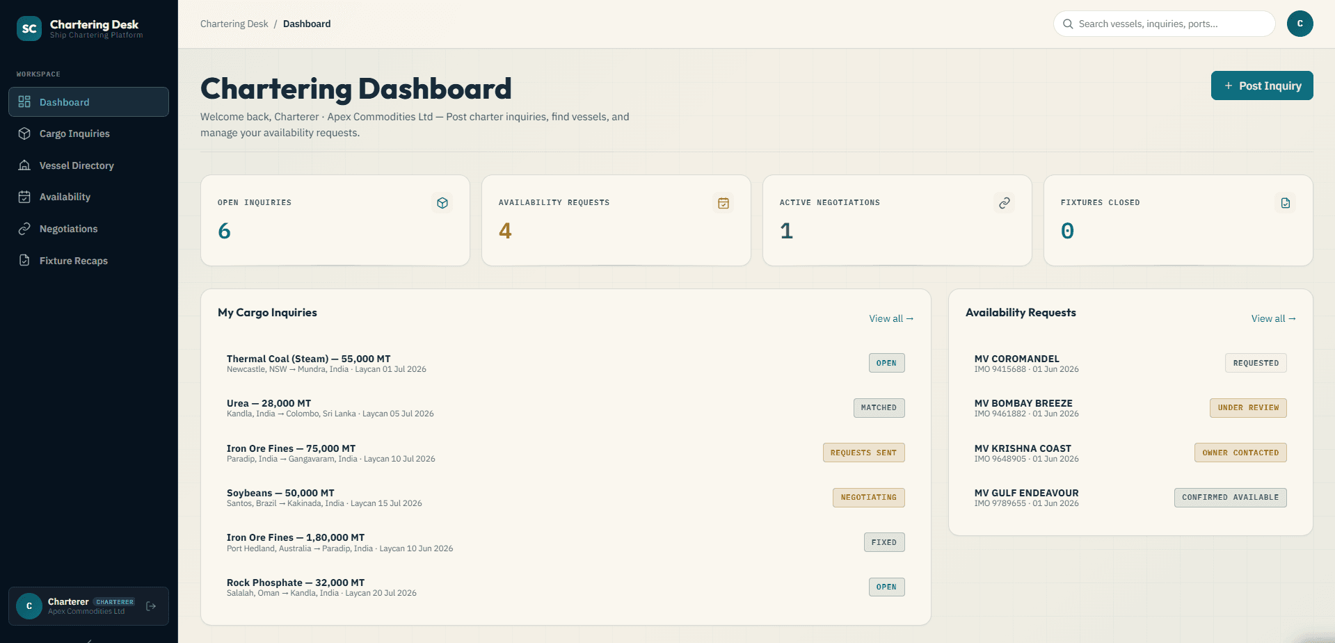 Ship Chartering dashboard screenshot