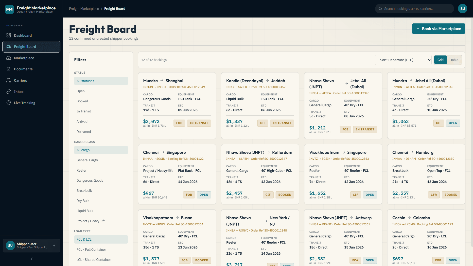 Freight Marketplace freight board screenshot