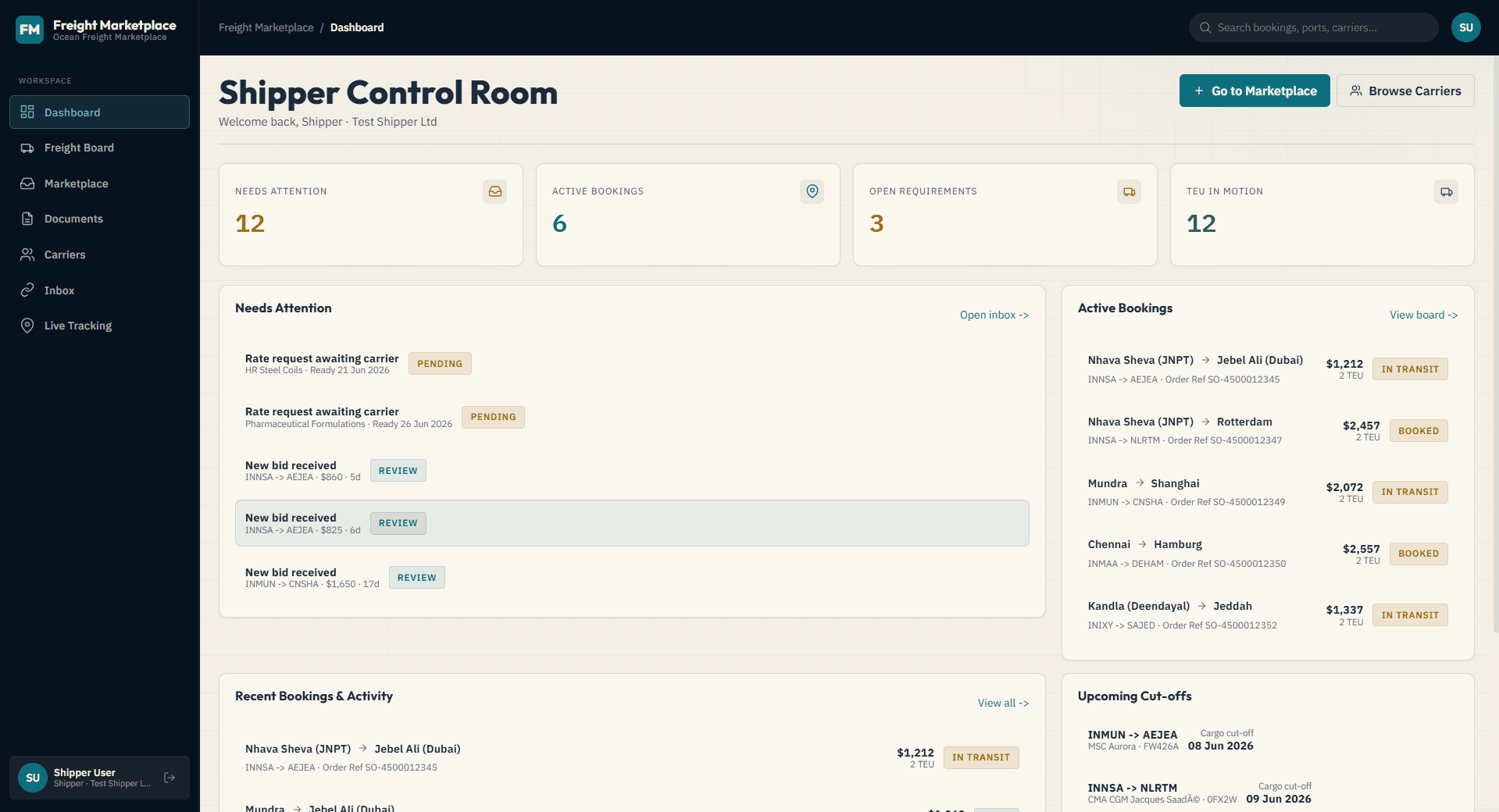 Freight Marketplace dashboard screenshot
